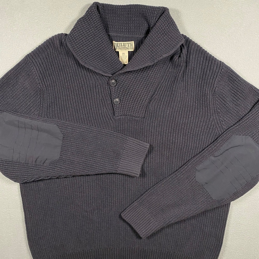Duluth Trading Co Shawl Collar Sweater Mens 2XL Ink Blue Elbow Patch 57711